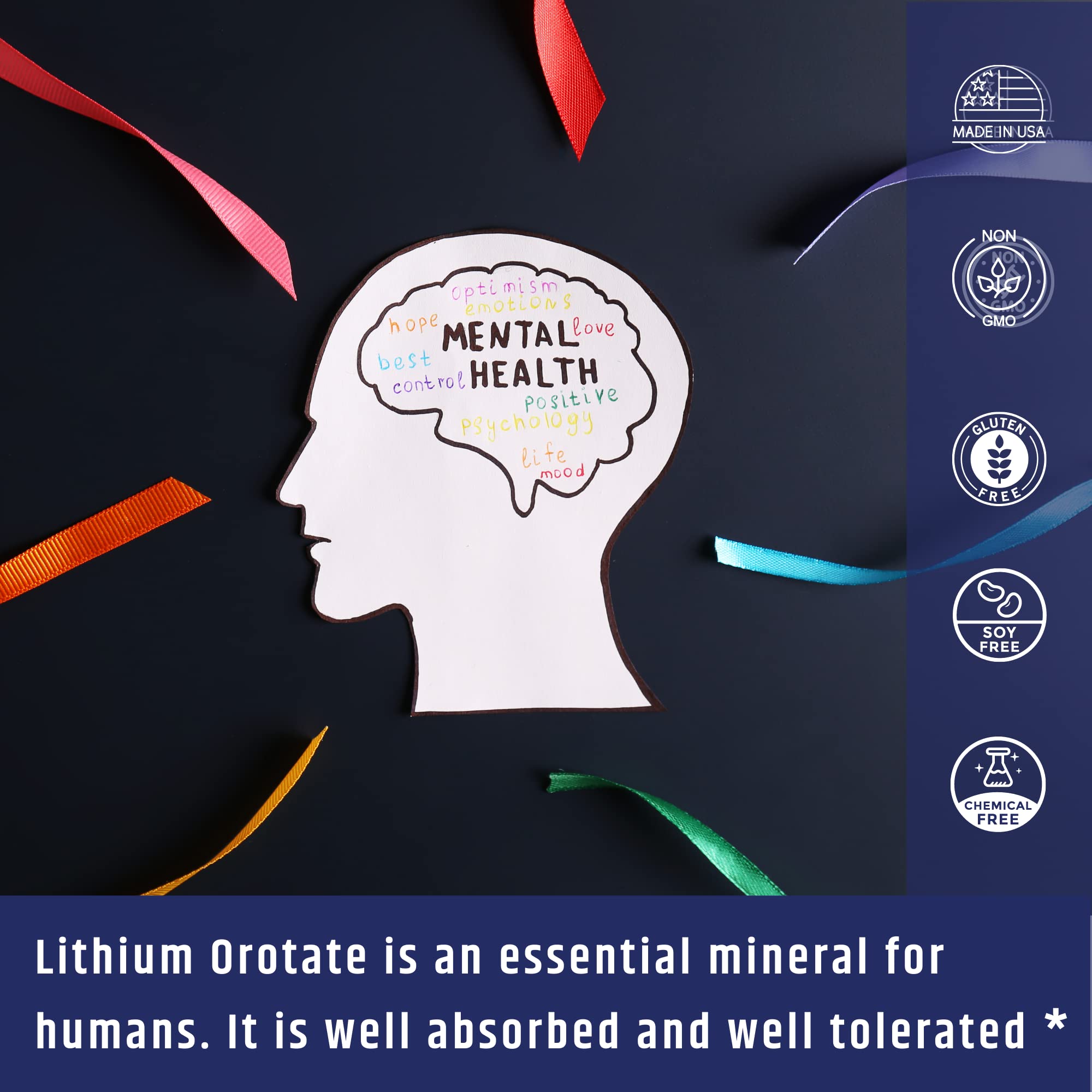 Lithium Orotate 10mg per Capsule - 60 Vegetarian Capsules. Memory and Emotional Wellness Support - Magnesium Stearate Free