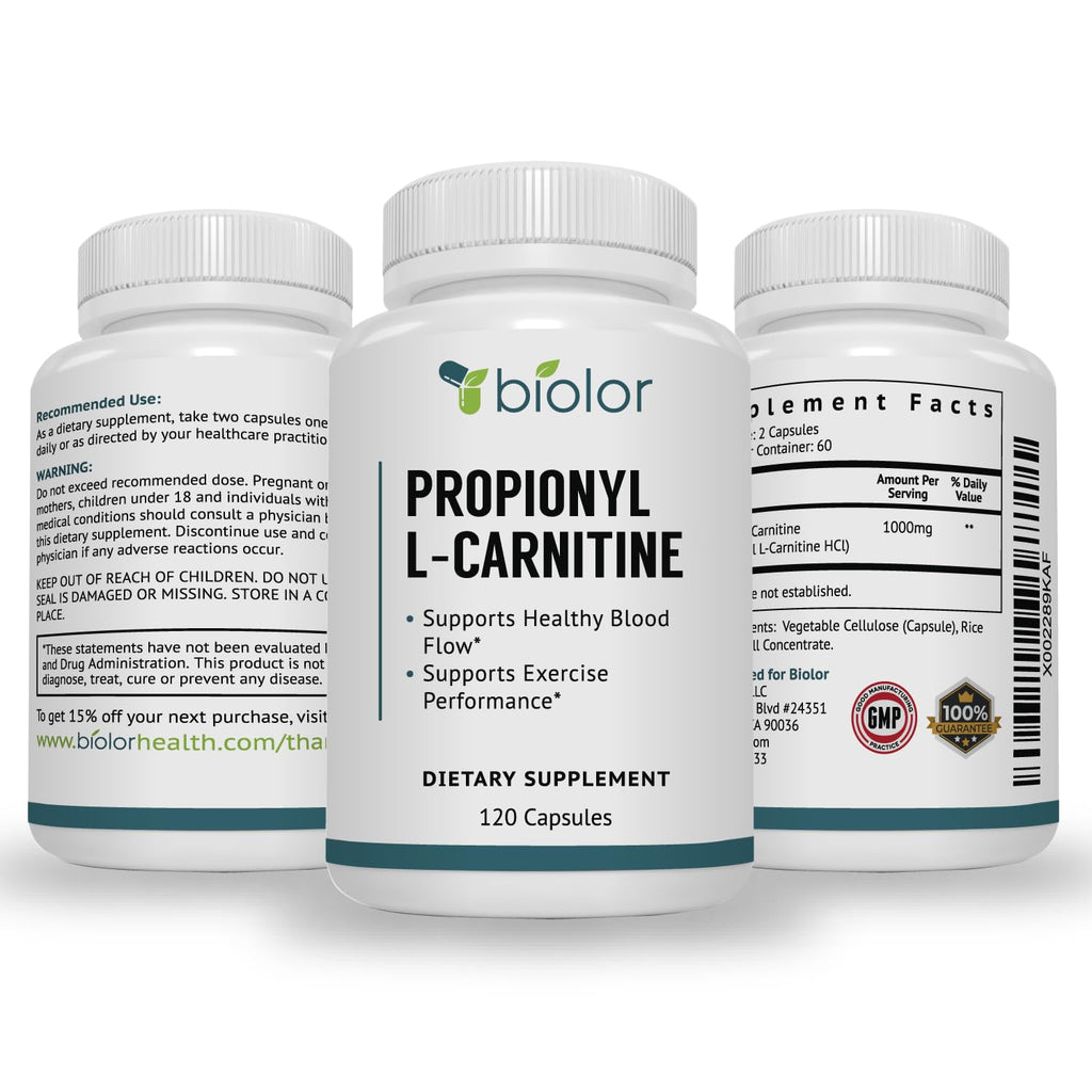 Biolor High Absorption Propionyl-L-Carnitine (PLCAR) No Artificial Fillers - Effective Propionyl L Carnitine HCL Supplement to Support Blood Circulation - 120 Capsules