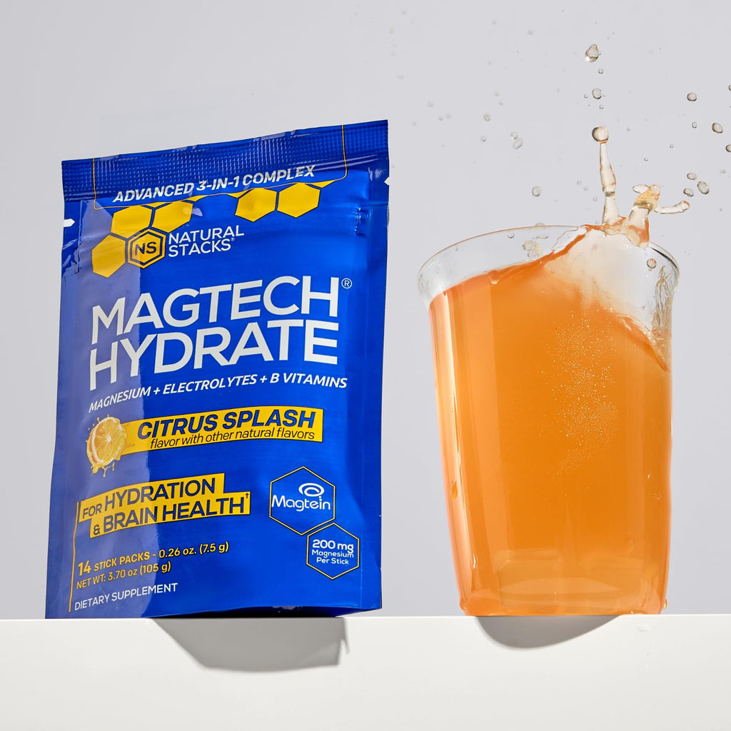 MagTech Magnesium Hydrate Packets - Sugar Free Hydration Powder - Magtein Magnesium L-Threonate, Glycinate & Taurate - 200mg Chelated Triple Complex - Supports Hydration & Brain Health* - 14 Servings NATURAL STACKS Au supplements