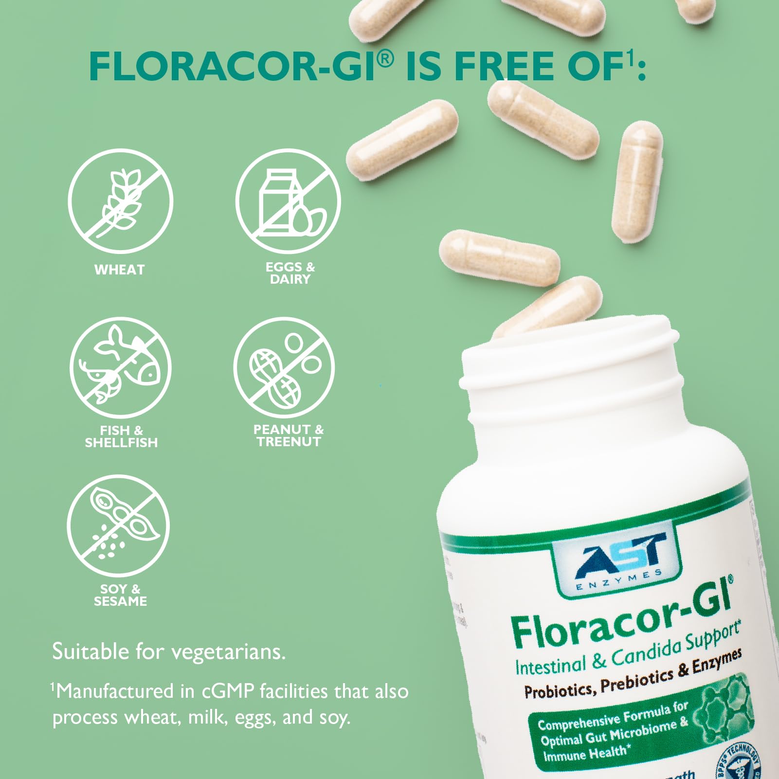 AST Enzymes Floracor - Supports Gut & Intestinal Health - Premium Probiotic, Prebiotic and Enzyme Formula - 60 Vegetarian Capsules