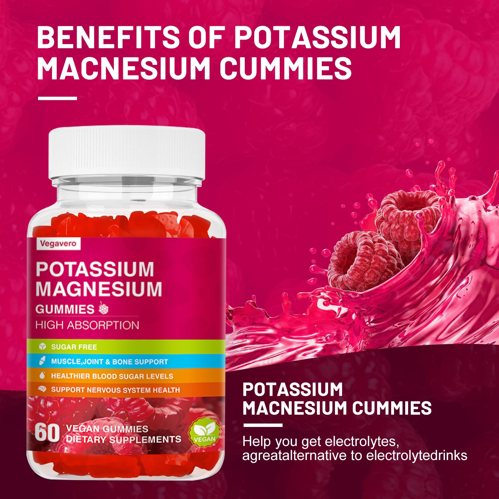 Potassium Magnesium Gummies - High Absorption Magnesium Glycinate & Potassium Citrate Plus Coenzyme Q10, DHA, D3, Mineral & Calcium for Zzz, Leg Cramps & Muscle - 60 Raspberry Gummies Vegavero Au supplements