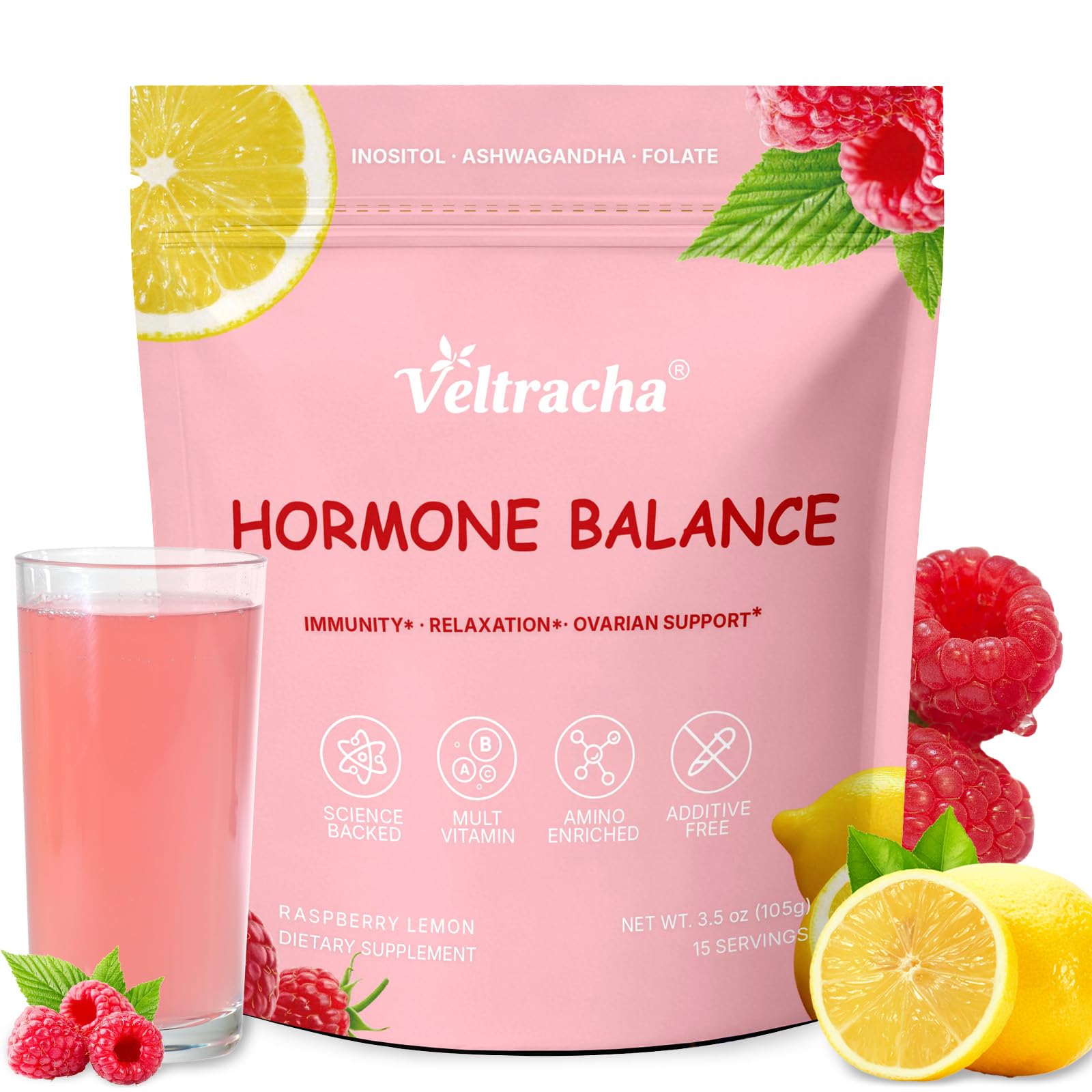 Veltracha Hormone Balance for Women, Myo & D-Chiro Inositol Powder with Folate & Amino Acid & Ashwagandha - Ovarian Support, Mood Regulation & PMS Relief, Raspberry Lemon, 15 Servings Veltracha Au supplements