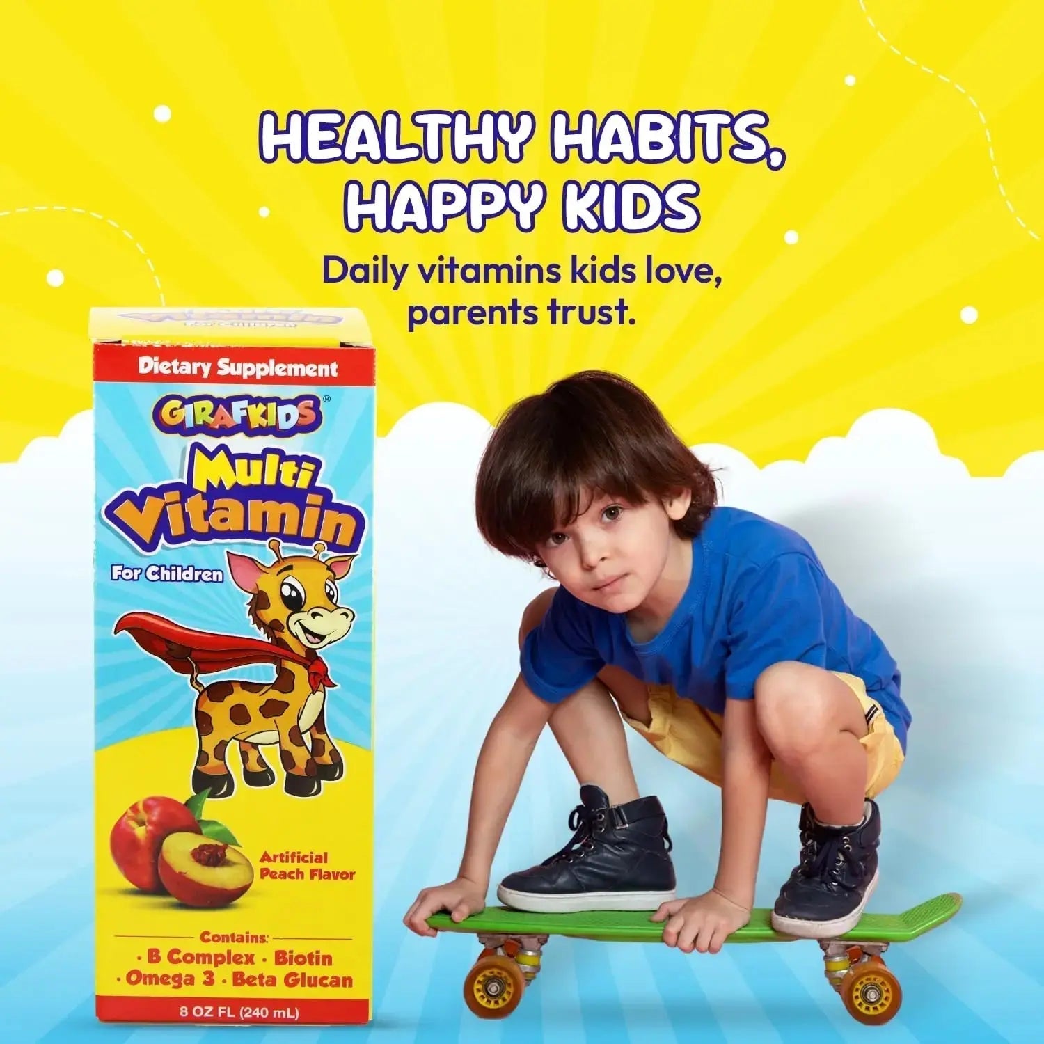 GirafKids Liquid Multivitamin for Kids Ages 4+, 8oz - Daily Child Vitamins with Biotin, Vitamin A, B Complex, Folic Acid, Omega-3 & Beta Glucan PHARMADEL Au supplements