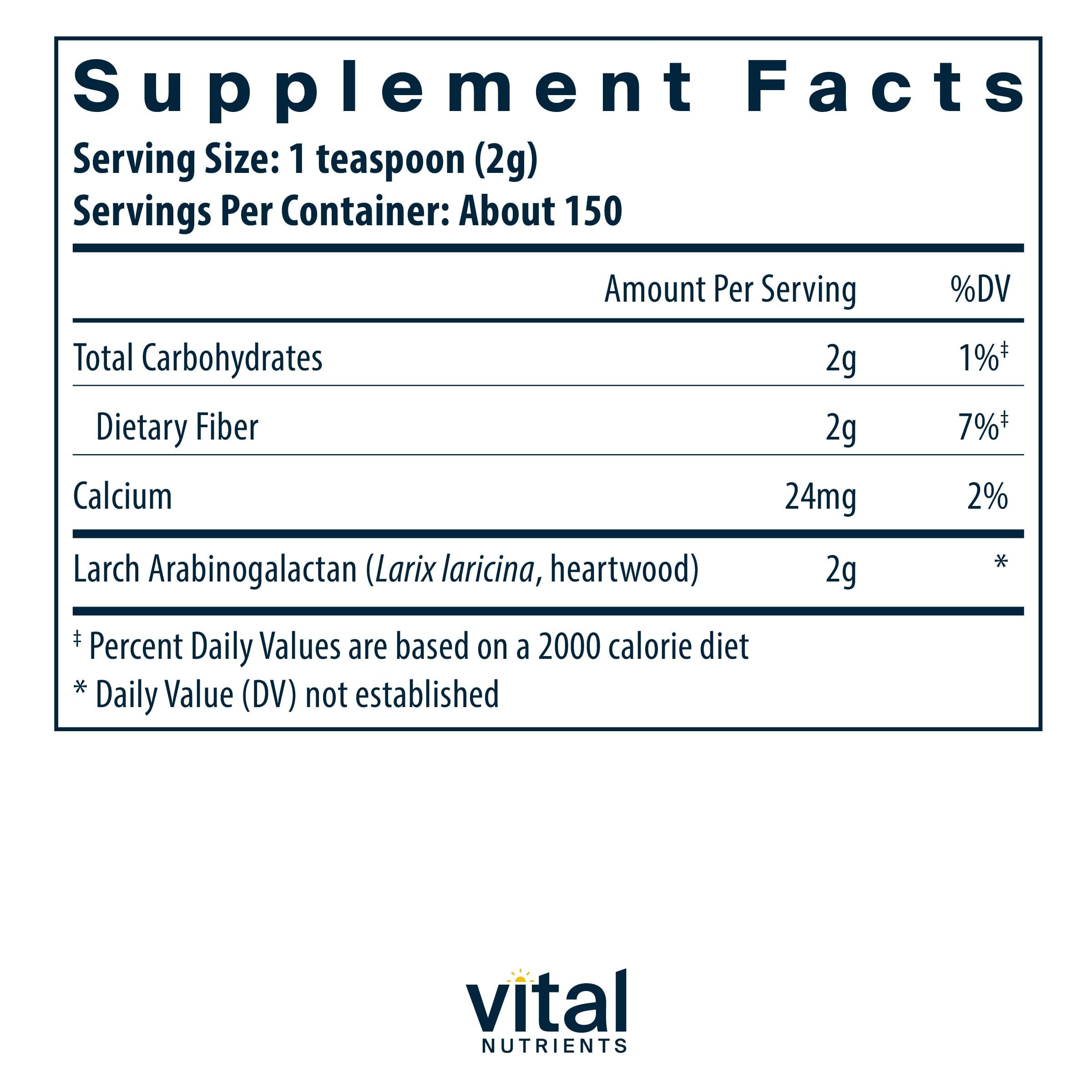 Vital Nutrients Arabinogalactan Powder - Vegan Prebiotic Fiber Supplement for GI Health, Liver, and Immune Support