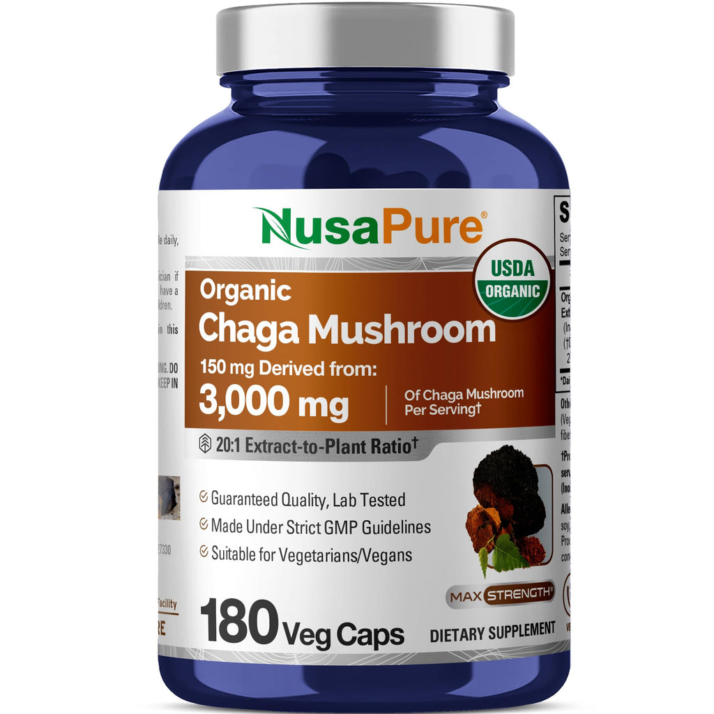 NusaPure Chaga Mushroom 20:1 Extract, 150 mg Equivalent to 3,000mg per Veggie Capsule, 180 Count, USDA Organic, Vegan, Non-GMO NusaPure Au supplements
