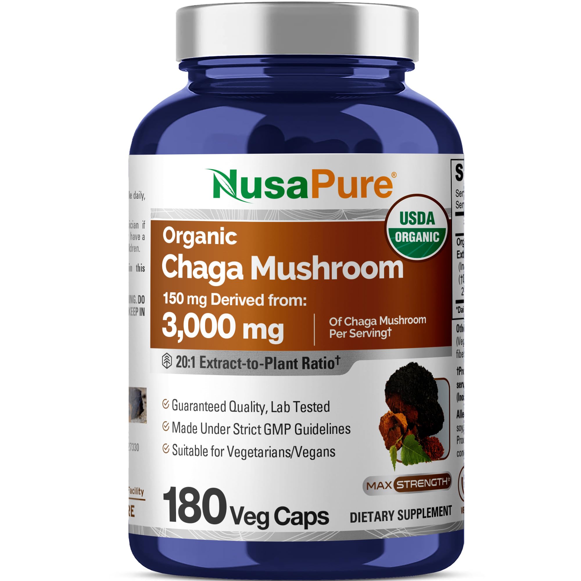NusaPure Chaga Mushroom 20:1 Extract, 150 mg Equivalent to 3,000mg per Veggie Capsule, 180 Count, USDA Organic, Vegan, Non-GMO NusaPure Au supplements
