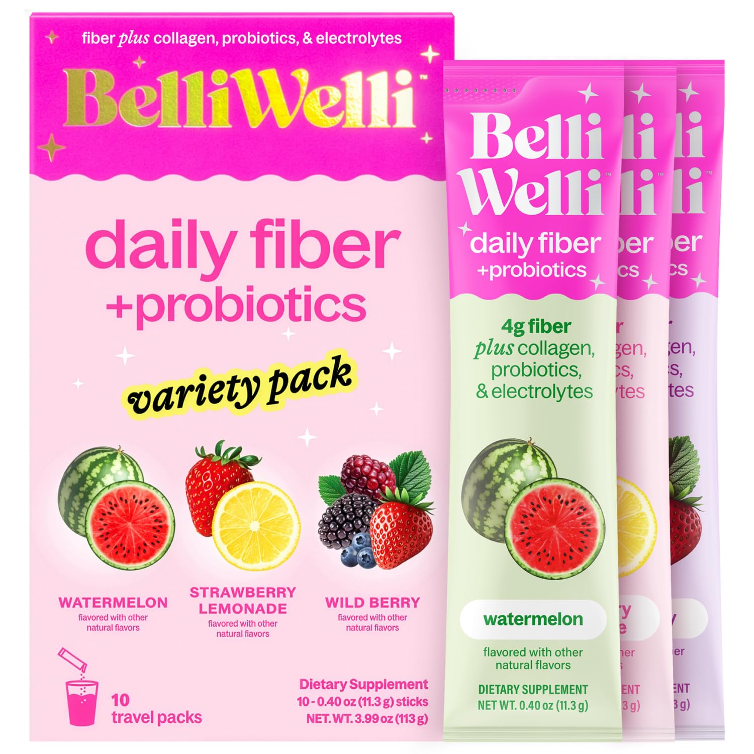 Belli Welli Daily Fiber Supplement Packets with Collagen, Probiotics & Electrolytes | Single Serve Packets for Gut Health