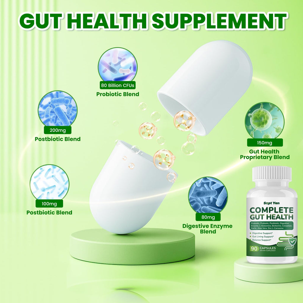 SEPT YAN Gut Health Supplement with Prebiotics, Postbiotics & Probiotics for Digestive Health for Women & Men, 80 Billion CFU Probiotics for Gut and Digestion