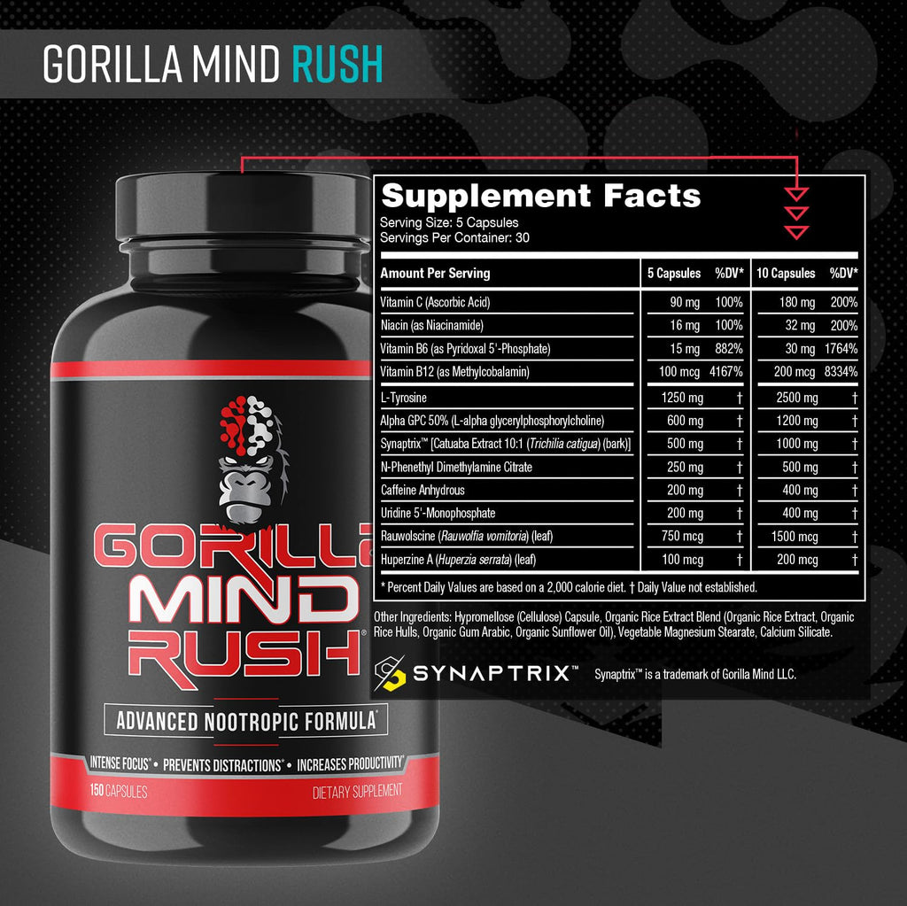 Gorilla Mind Rush - Nootropic Supplement | Intense Focus · Insane Productivity Cognitive Health Support, Memory, Focus,