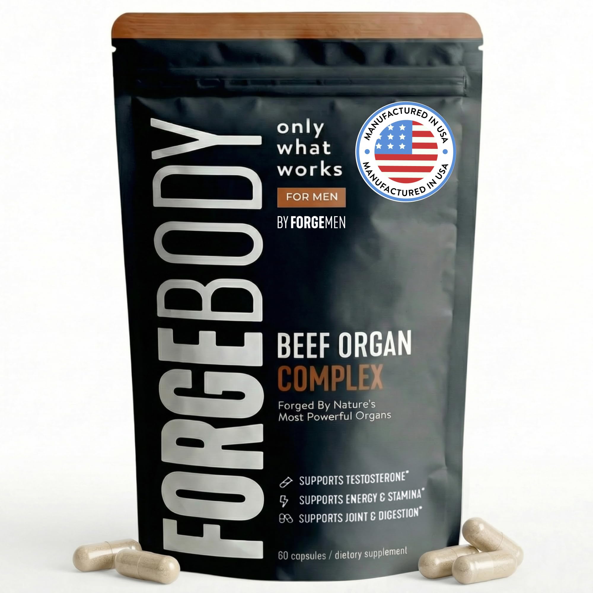 FORGEBODY® Beef Organ Complex Capsules [1 Month] - 100% Grass Fed Beef Organ Supplement with Blend of Liver, Heart, Bone Marrow, Pancreas & Testicles
