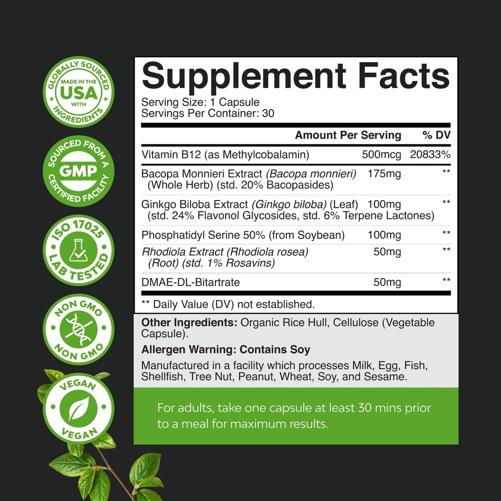 Nootropic Memory Supplement for Brain Support - Memory Pills for Brain Boost and Natural Energy Booster - Vitamin B 12 Bacopa Monnieri Rhodiola Rosea DMAE Ginkgo Biloba Phosphatidylserine Supplement Natures Craft Au supplements