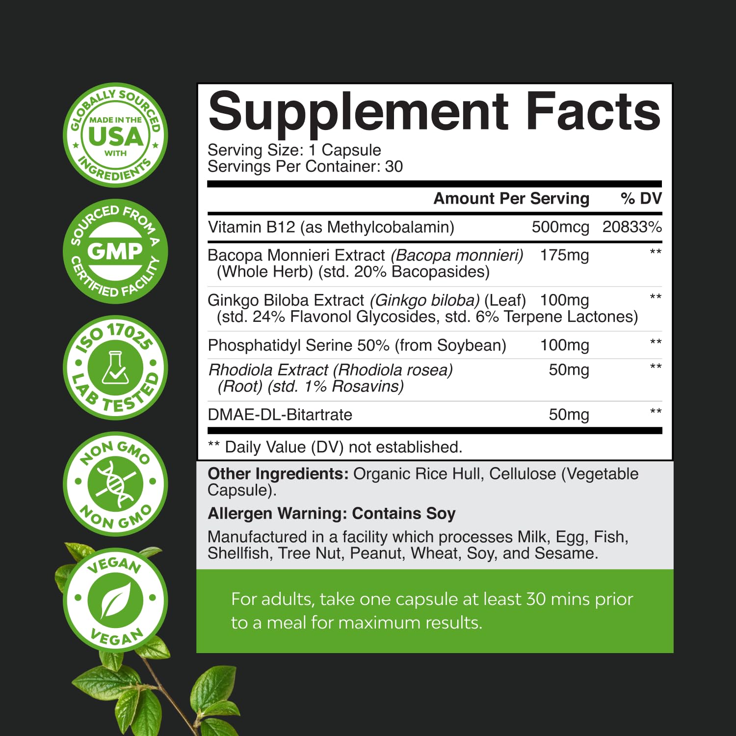 Nootropic Memory Supplement for Brain Support - Memory Pills for Brain Boost and Natural Energy Booster - Vitamin B 12 Bacopa Monnieri Rhodiola Rosea DMAE Ginkgo Biloba Phosphatidylserine Supplement Natures Craft Au supplements