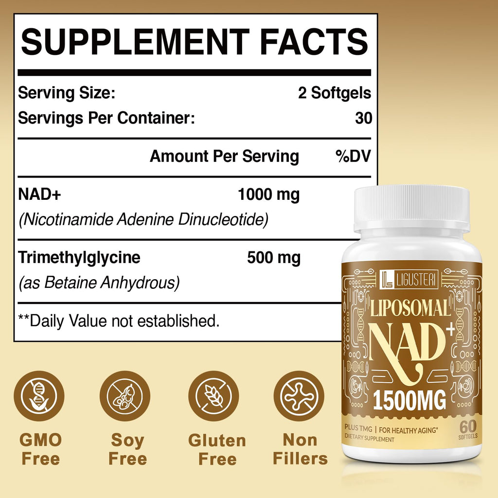 LIGUSTERI 1500 MG Liposomal NAD+, 98%+ Absorption, NAD+ Supplement for Women & Men with TMG, for Aging Defense, Cellular Energy, Heart & Brain Function, Longevity, 120 Softgels LIGUSTERI Au supplements