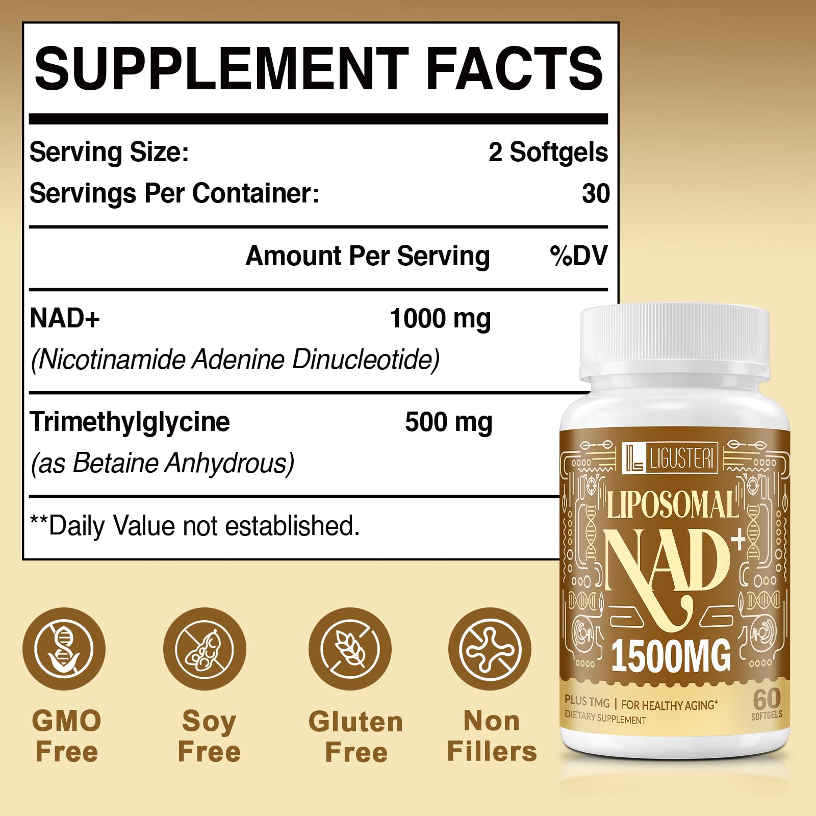 LIGUSTERI 1500 MG Liposomal NAD+, 98%+ Absorption, NAD+ Supplement for Women & Men with TMG, for Aging Defense, Cellular Energy, Heart & Brain Function, Longevity, 120 Softgels LIGUSTERI Au supplements