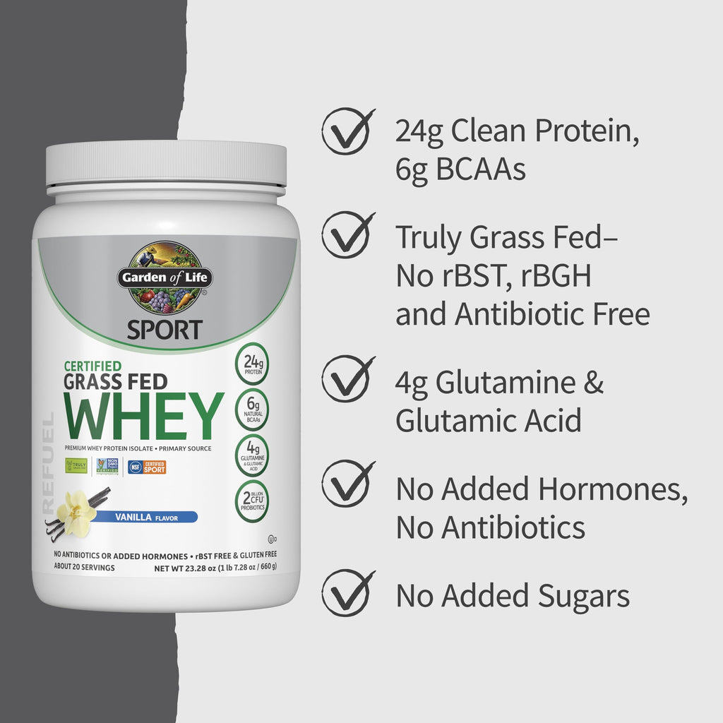 Garden of Life Sport Grass Fed Whey Protein Powder – 24g Whey Protein Isolate for Women & Men with Probiotics & Glutamine, Non-GMO, Gluten-Free, Cold-Processed, Vanilla Flavor, 20 Servings