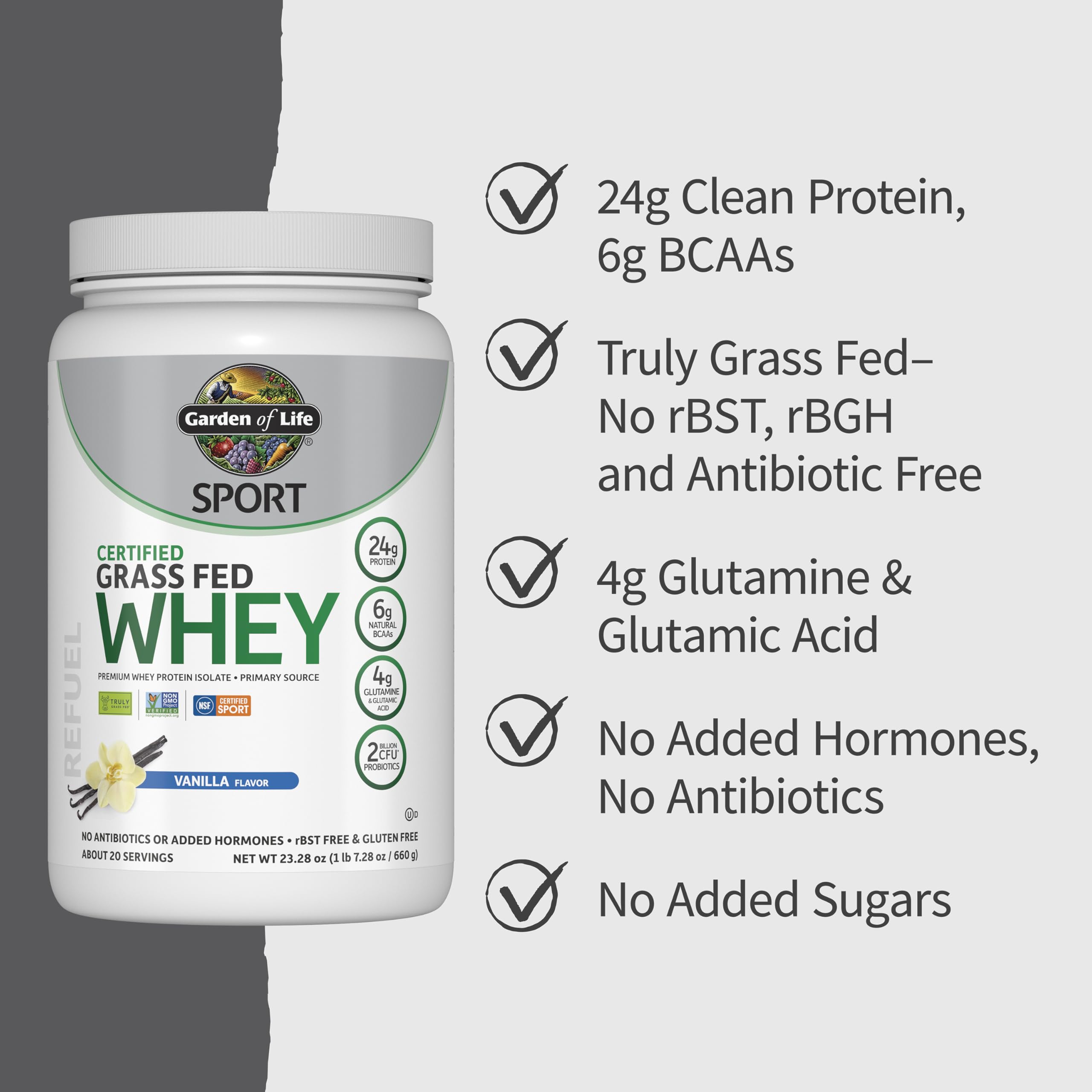 Garden of Life Sport Grass Fed Whey Protein Powder – 24g Whey Protein Isolate for Women & Men with Probiotics & Glutamine, Non-GMO, Gluten-Free, Cold-Processed, Vanilla Flavor, 20 Servings