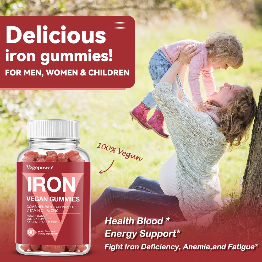 Vegan Iron Gummies Supplement - with Vitamin C, A, B-Complex, Folate, Zinc for Adults & Kids - Health Blood & Energy Support for Iron Deficiency,