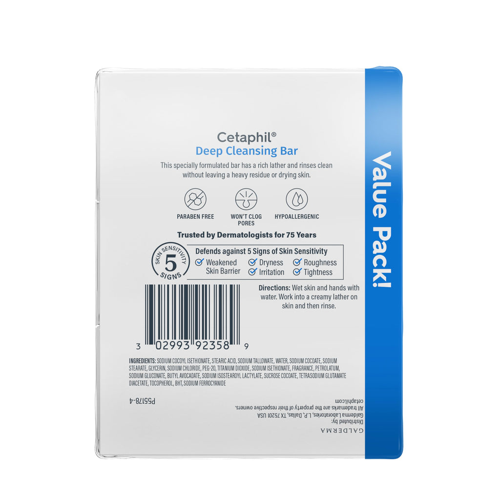 Cetaphil Bar Soap, Deep Cleansing Face and Body Bar, Pack of 3, For Dry to Normal, Sensitive Skin, Soap Free, Hypoallergenic, Paraben Free