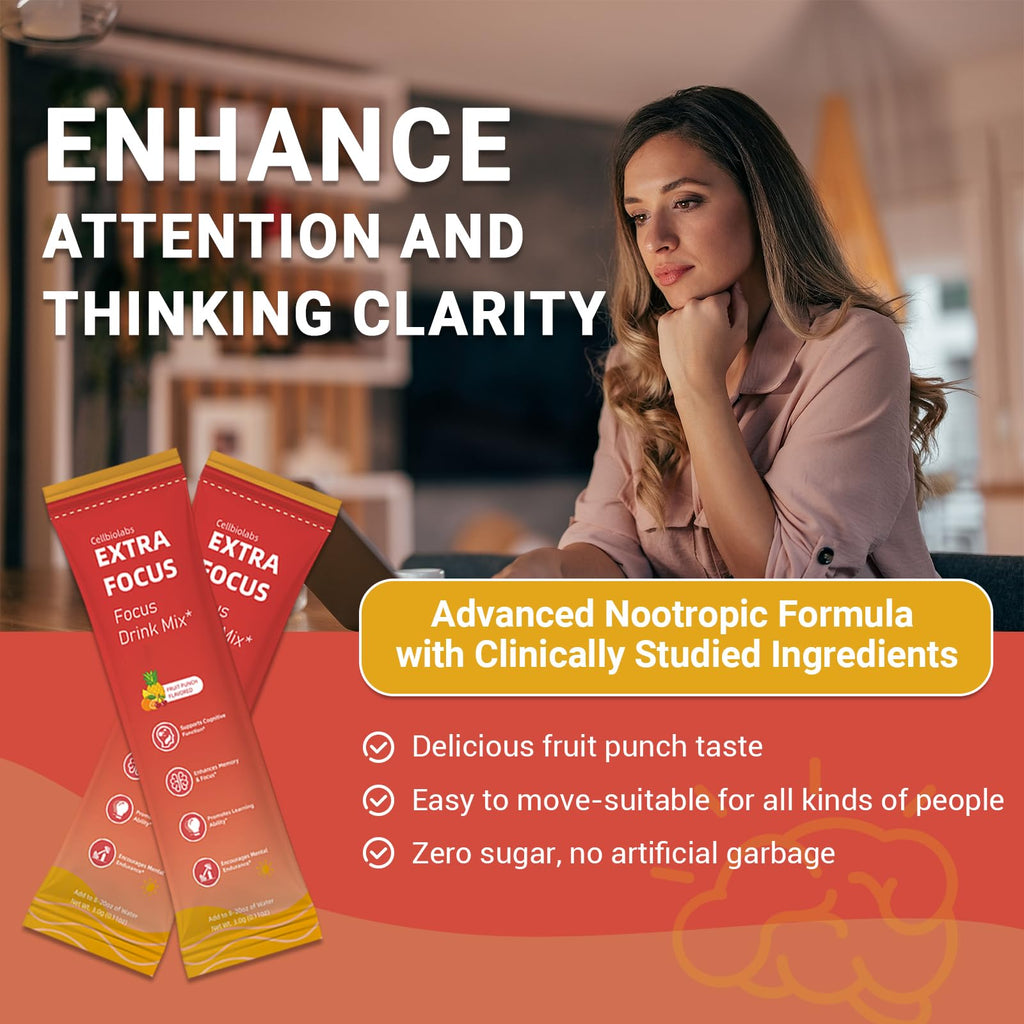 Nootropic Extra Focus Drink Mix, 30 Packs On-The-Go Sticks, Featuring Alpha-GPC, Lion's Mane & Rhodiola, Sugar-Free Packets Fruit Punch Clean Drink Mix Cellbiolabs Au supplements