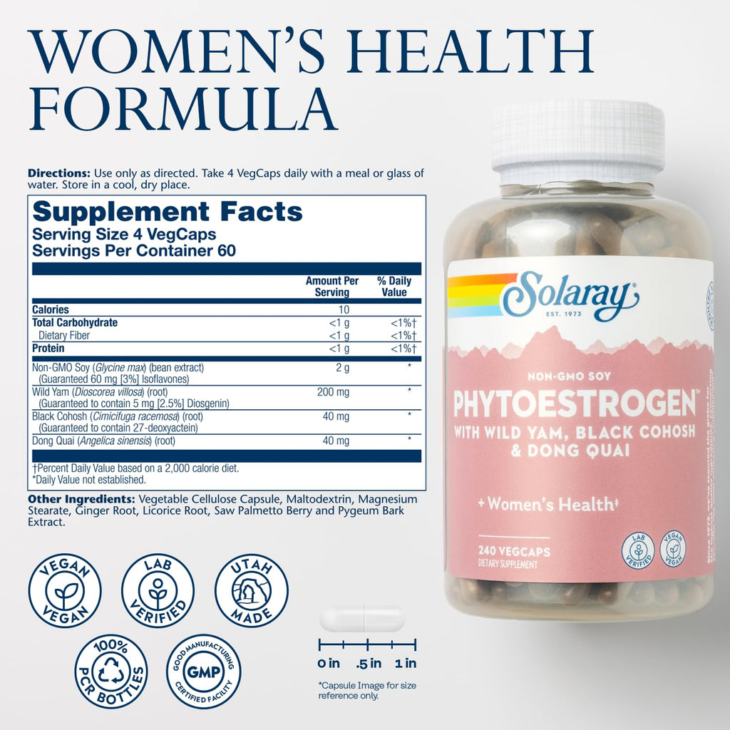 SOLARAY PhytoEstrogen Menopause Supplements with Wild Yam, Black Cohosh and Dong Quai - Phyto Estrogen Pills for Perimenopause and Menopause Support, Vegan, 60-Day Guarantee, 60 Servings, 240 VegCaps SOLARAY Au supplements