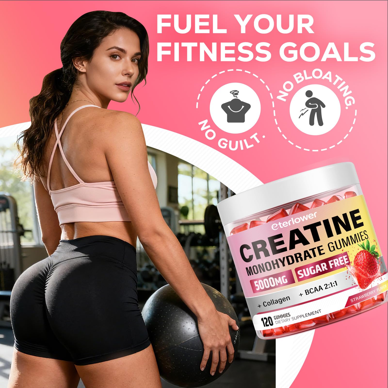 eterlower Creatine Monohydrate Gummies, 5g Creatine Gummies for Women & Men.Pre-Workout & Muscle Growth Support,