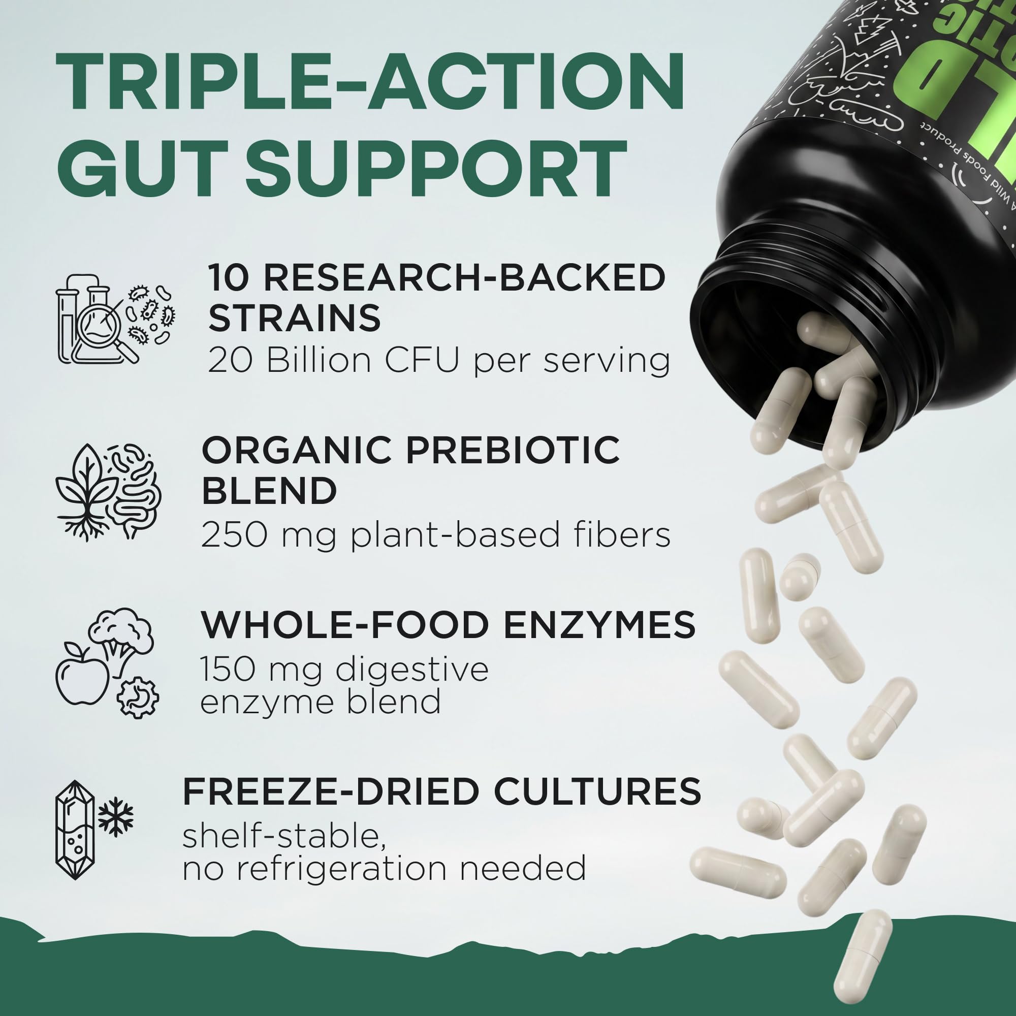 Wild Prebiotics and Probiotics with Digestive Enzymes | 20 Billion CFU - 10 Strains for Women & Men | Support Gut Health & Digestion Supplements | Non-GMO Prebiotic Fiber | 30 Capsules