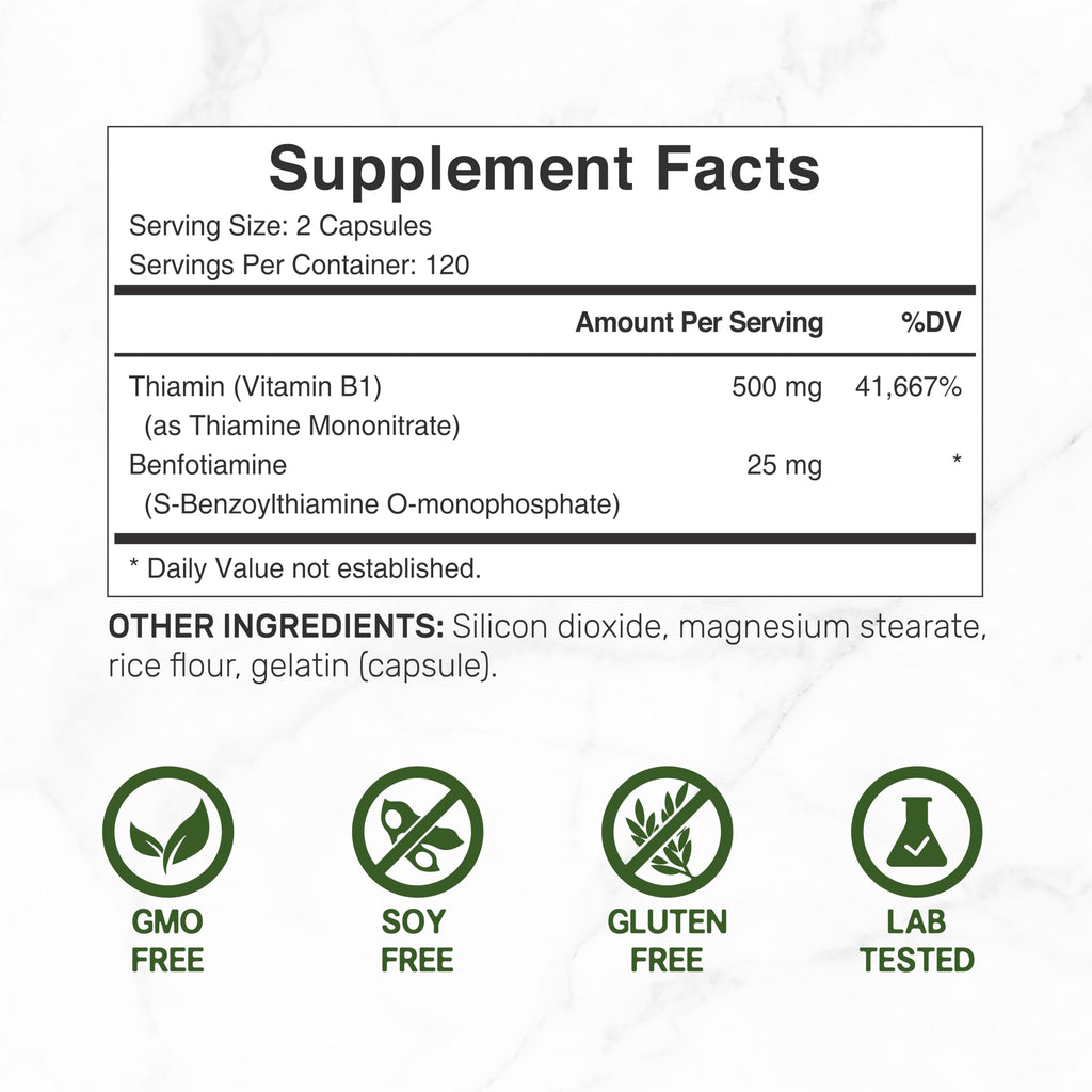 DEAL SUPPLEMENT Vitamin B1 500mg with Benfotiamine, 240 Capsules – 2 in 1 Enhanced Formula – Fat & Water Soluble Thiamine B1 Supplement