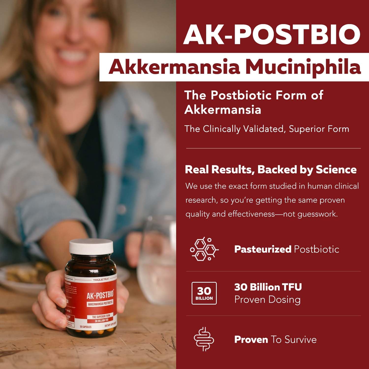 AK-Postbio: Akkermansia Probiotic 30 Billion TFU - Max Strength, Clinically Validated Dose & Patented Strain - Superior Pasteurized Form, Highest Absorption, Delivery - GLP-1 Probiotic - 30 Servings Triquetra Health Au supplements
