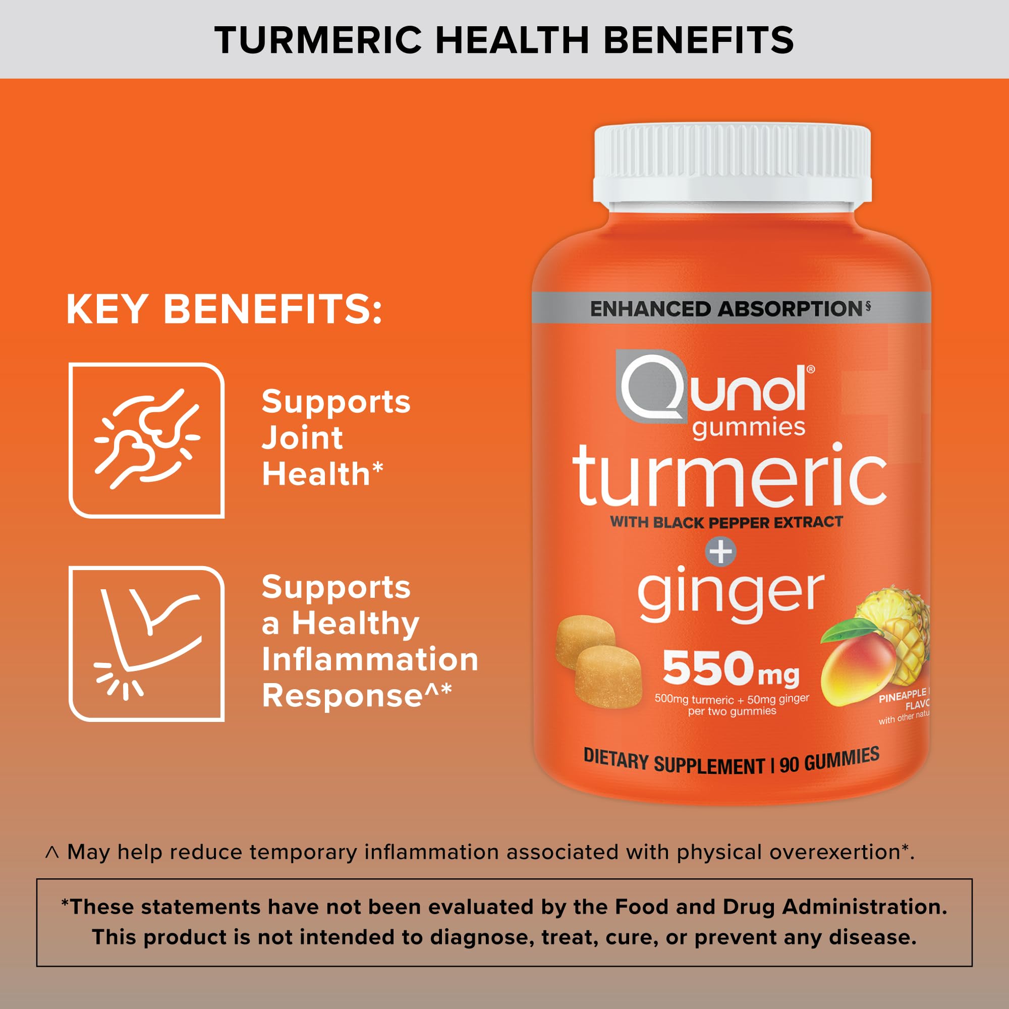 Qunol Turmeric and Ginger with Black Pepper Gummies, Turmeric Curcumin Supplement, Joint Health Support Gummy, 90ct Gummies