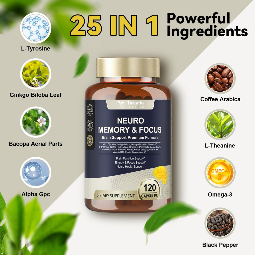 25 in 1 Brain Supplements for Memory and Focus & Neuro Health - Daily Brain Nootropic Cognitive Supplement with L-Tyrosine, Bacopa Monnieri, Ginkgo Biloba, Alpha GPC - Non-GMO, Gluten Free Totaria Au supplements