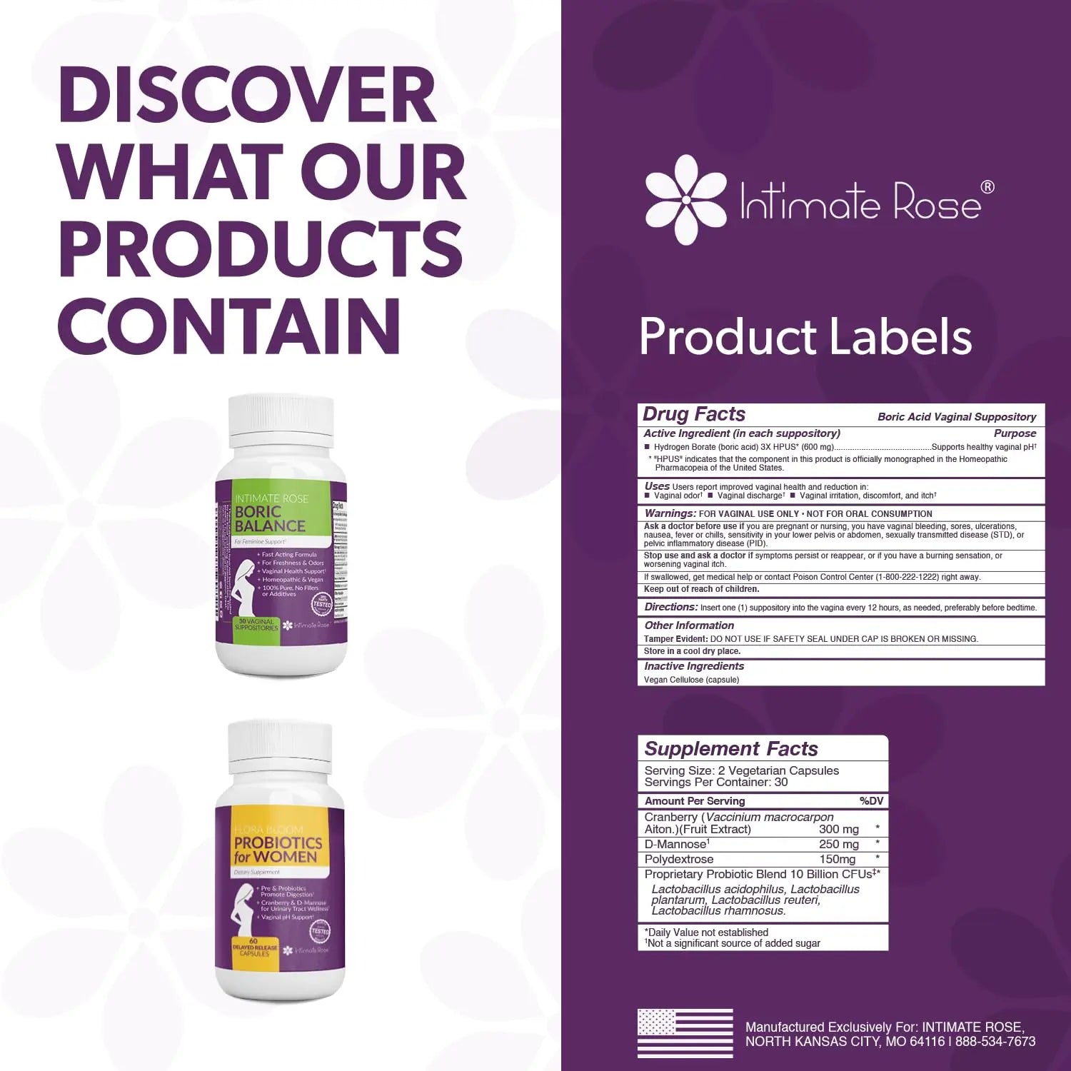Intimate Rose Combo Pack! Flora Bloom Probiotics for Women (One Bottle) and Boric Balance Boric Acid Intimate Rose Au supplements