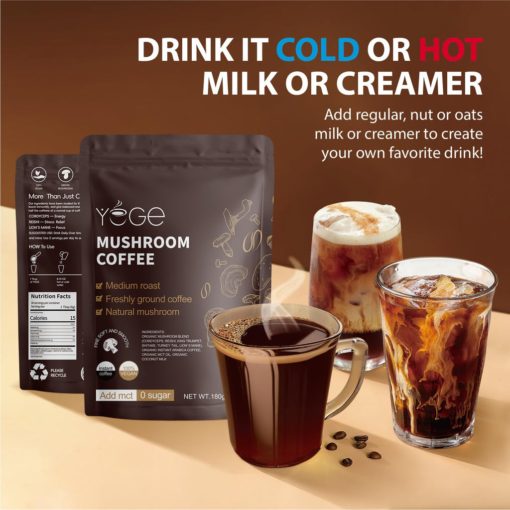 Mushroom Coffee, Instant Mushroom Coffee with Cordyceps, Reishi, King Trumpet, Shiitake, Turkey Tail, Lions Mane for Energy