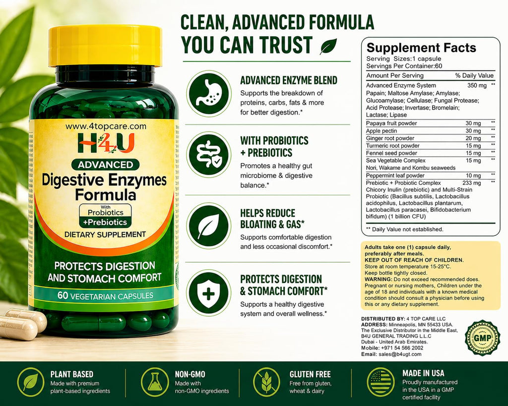 H4U Advanced Digestive Enzymes with Probiotics & Prebiotics – Multi Enzyme Supplement for Gut Health, Digestion Support, Bloating Relief & Stomach Comfort,
