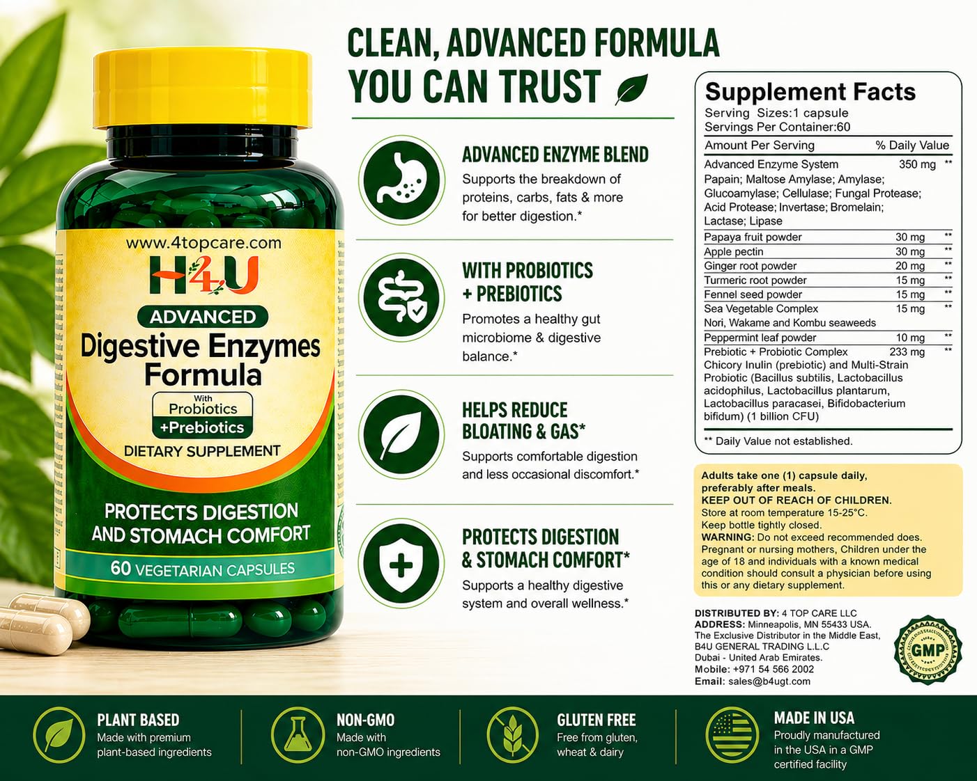H4U Advanced Digestive Enzymes with Probiotics & Prebiotics – Multi Enzyme Supplement for Gut Health, Digestion Support, Bloating Relief & Stomach Comfort,