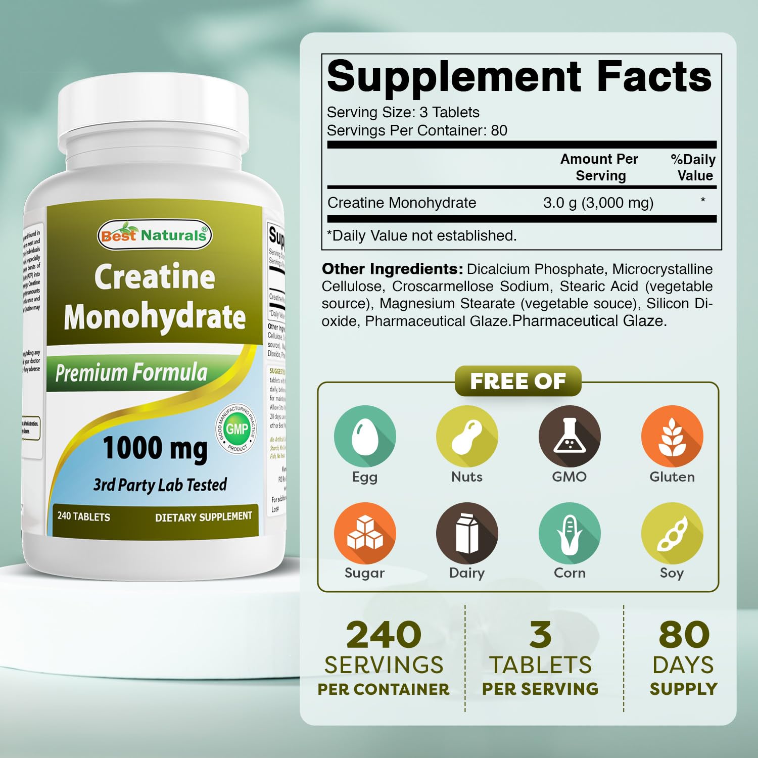 Best Naturals Creatine Monohydrate 1000 mg 240 Tablets Best Naturals Au supplements