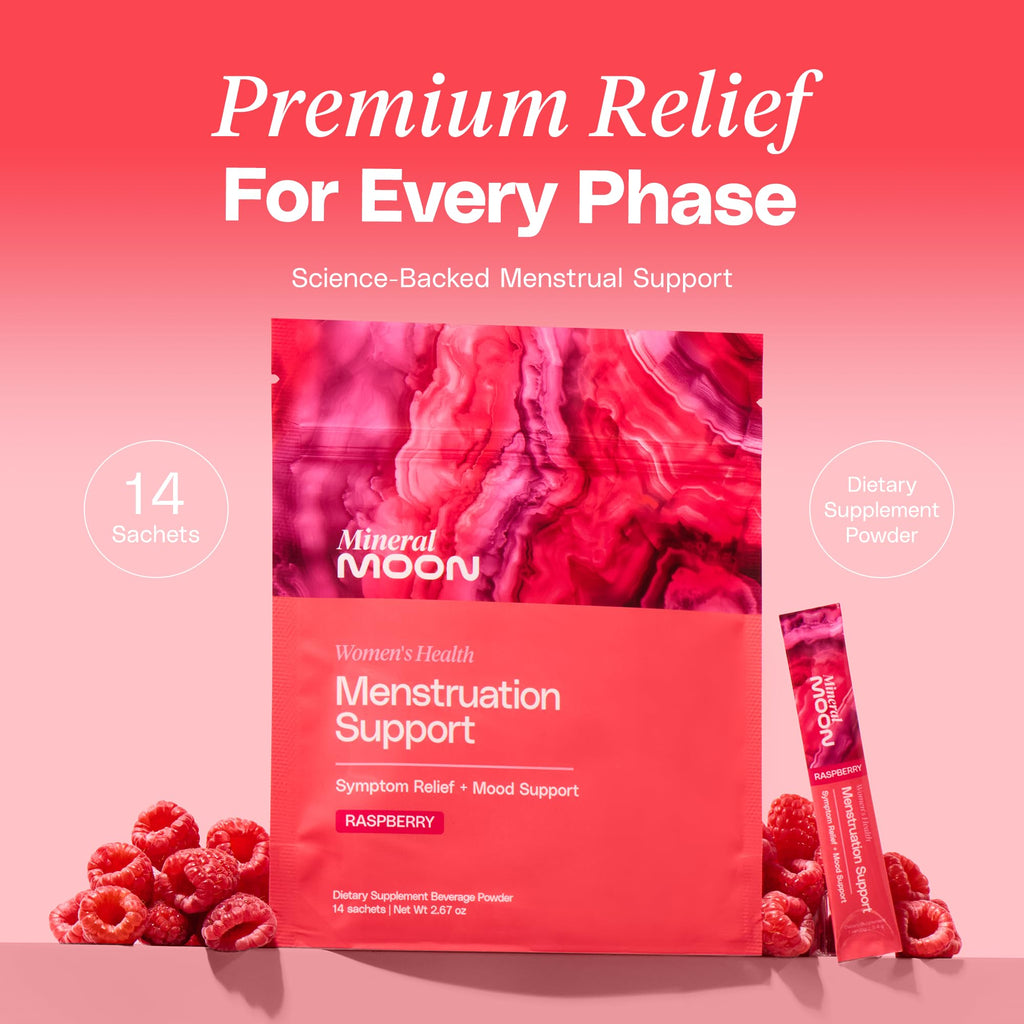 Mineral Moon Premium Menstruation Support - 14 Sachets Raspberry Drink - Hormonal Balance & PMS Support - Reduce Period Cramps, Fatigue & Nausea -with Magnesium Bisglycinate, BenfoPure B1 & Vitamin B6 Mineral Moon Au supplements