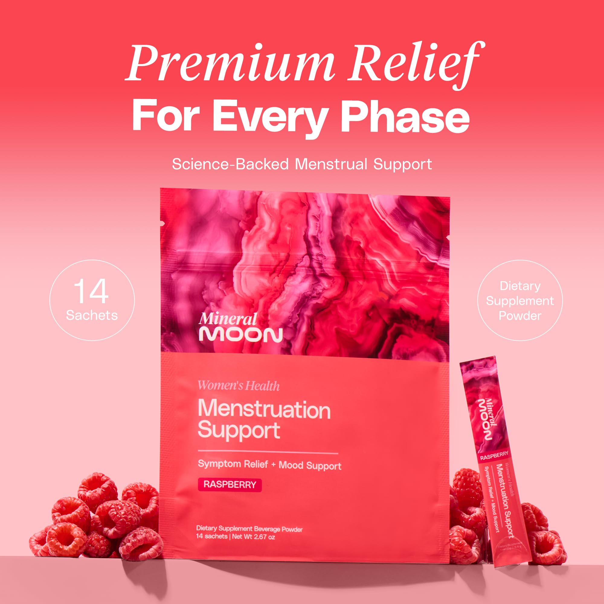 Mineral Moon Premium Menstruation Support - 14 Sachets Raspberry Drink - Hormonal Balance & PMS Support - Reduce Period Cramps, Fatigue & Nausea -with Magnesium Bisglycinate, BenfoPure B1 & Vitamin B6 Mineral Moon Au supplements