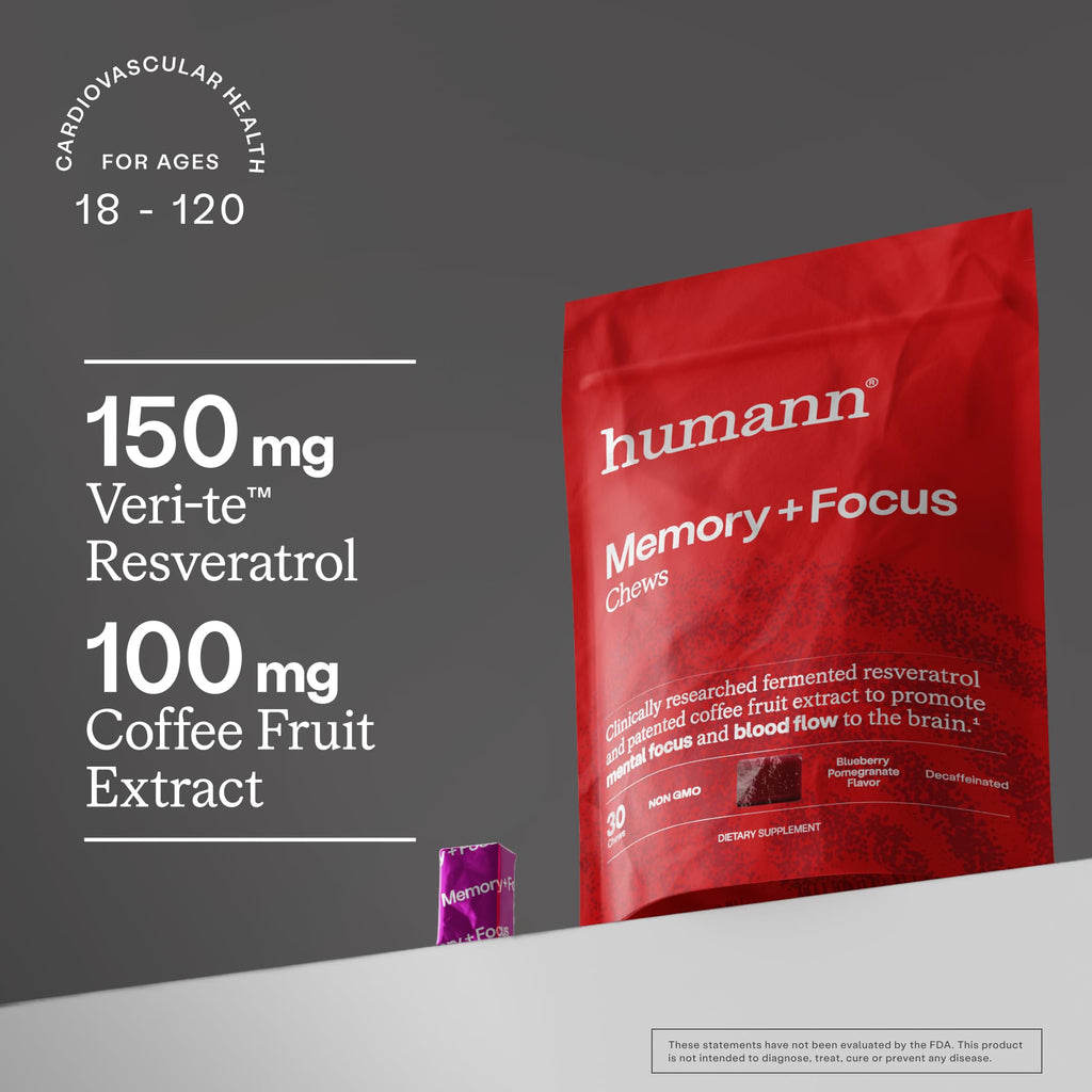 Humann Memory and Focus Chews, Brain Supplement for Mental Alertness with Beet Root Powder, Clinically Studied Nootropics, Resveratrol Plus Beet Root Powder
