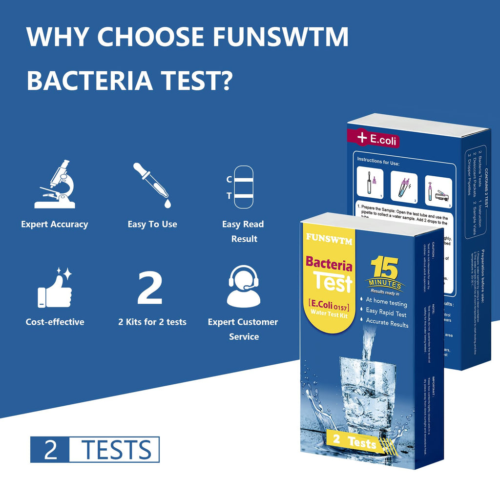 Bacteria Water Test Kit - Results as Fast as 15 MINS -Detects Coliform (Inc. E. coli) & Non-Coliform Bacteria in Drinking, Well Tap & Pool Water – 2 Pack FUNSWTM Au supplements