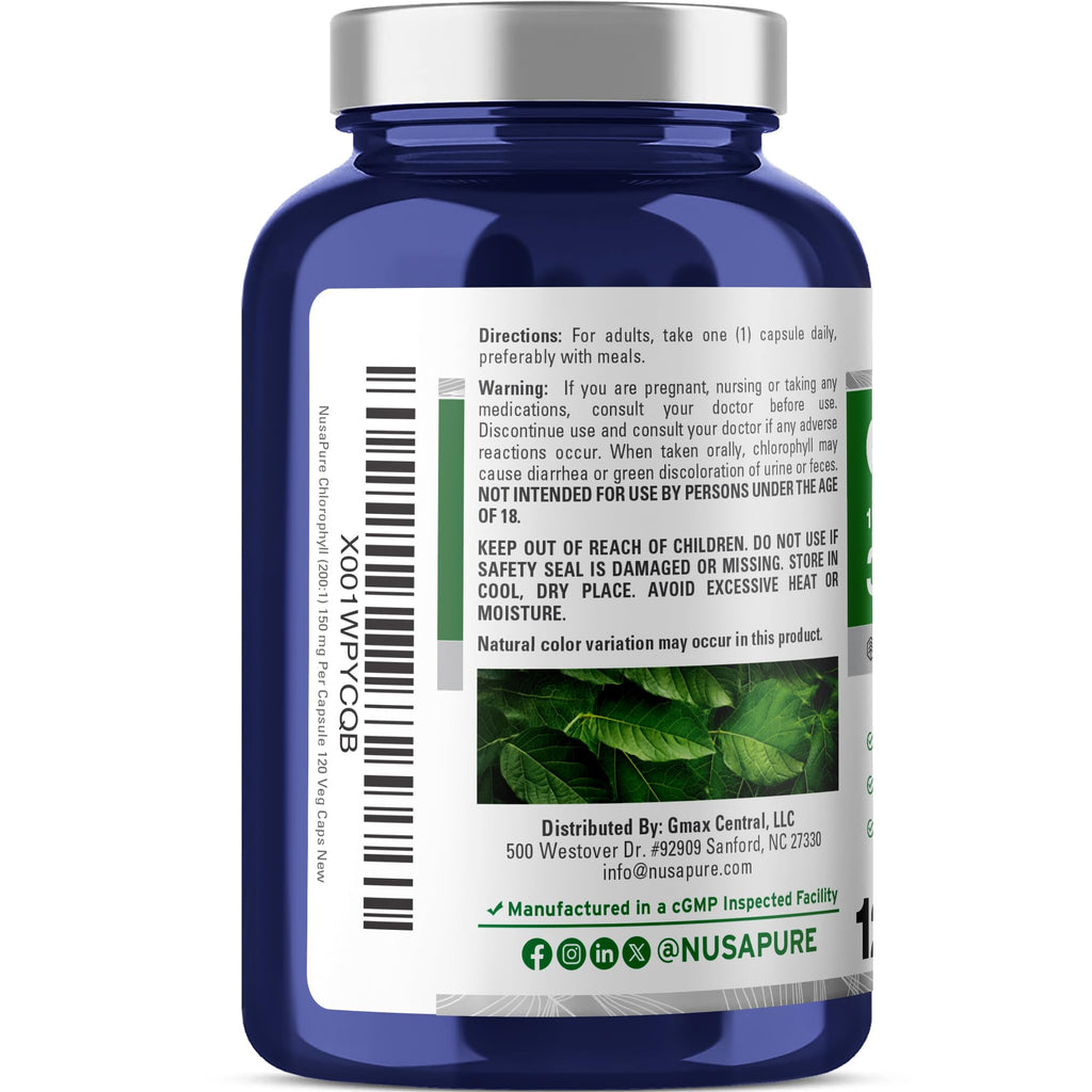 NusaPure Chlorophyll 200:1 Extract, 150 mg Equivalent to 30,000 mg per Capsule 120 Vegetarian Caps (Non-GMO, Vegan) NusaPure Au supplements