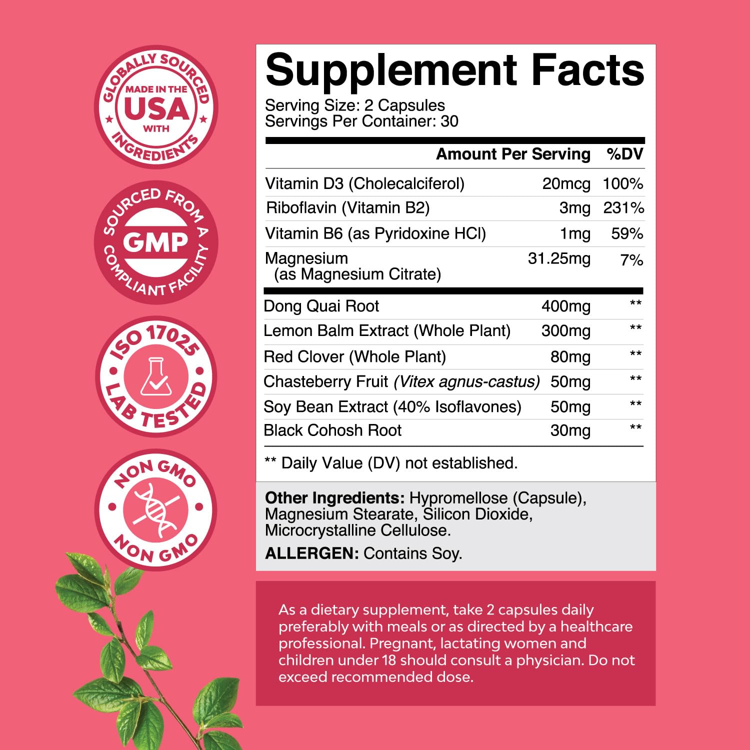 Natures Craft Complete Herbal Menopause Supplement for Women - Female Hormone Balance Capsules for Night Sweats Hot Flashes & Mood Swings with Dong Quai