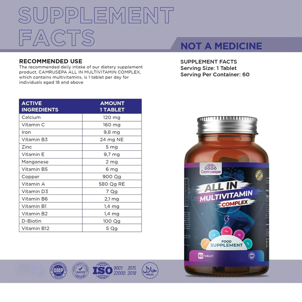 CAMRUSEPA All in Multivitamin Complex – Daily Tablet with Calcium, Iron, Zinc, Vitamin C, B Complex, D3, E, A & More – Complete Daily Nutritional Support for Adults Camrusepa Au supplements