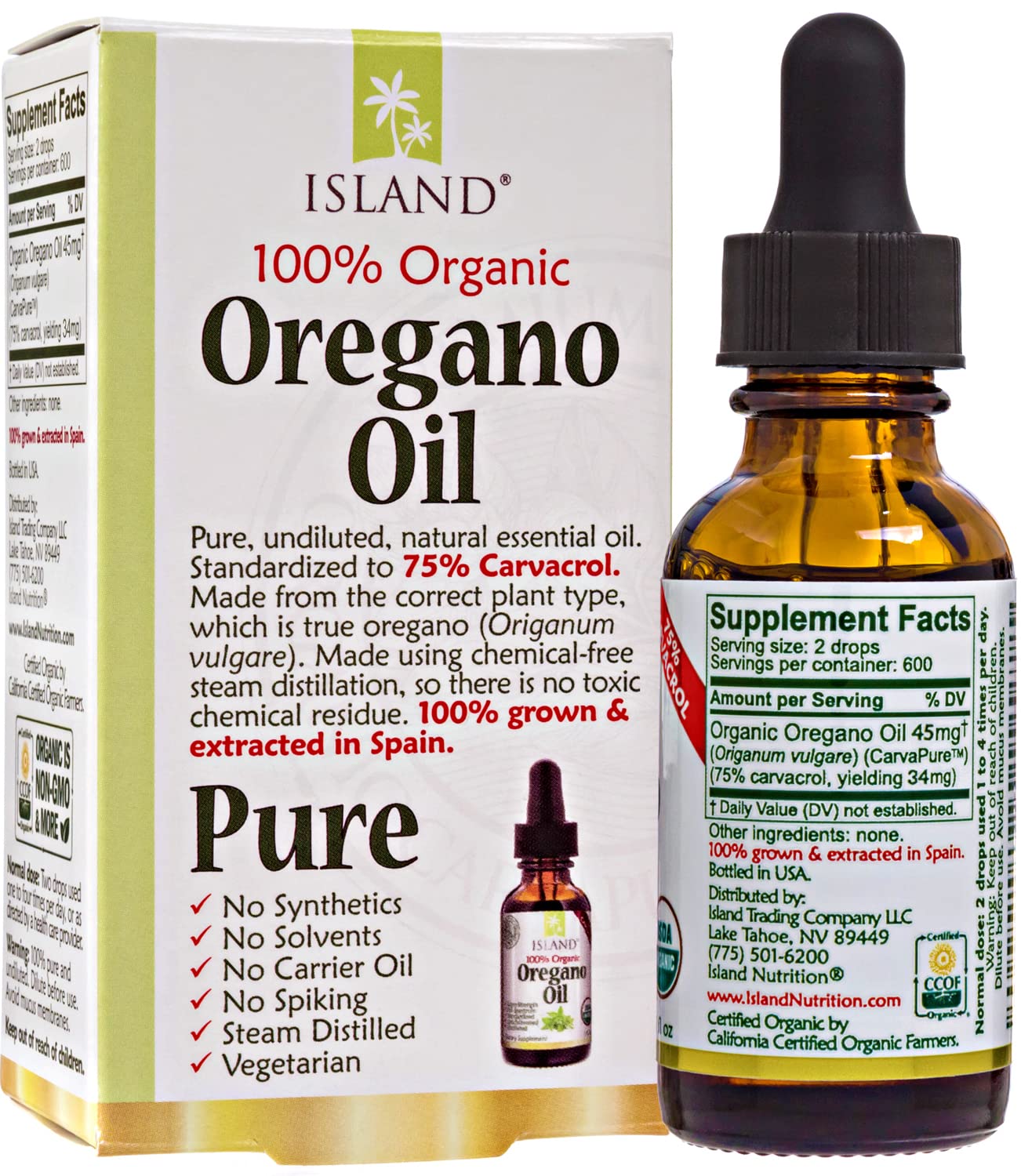 Island Nutrition, Oregano Oil Organic Liquid Drops - 100% Pure & Undiluted - USDA-Certified Organic (1 oz) 75% Carvacrol