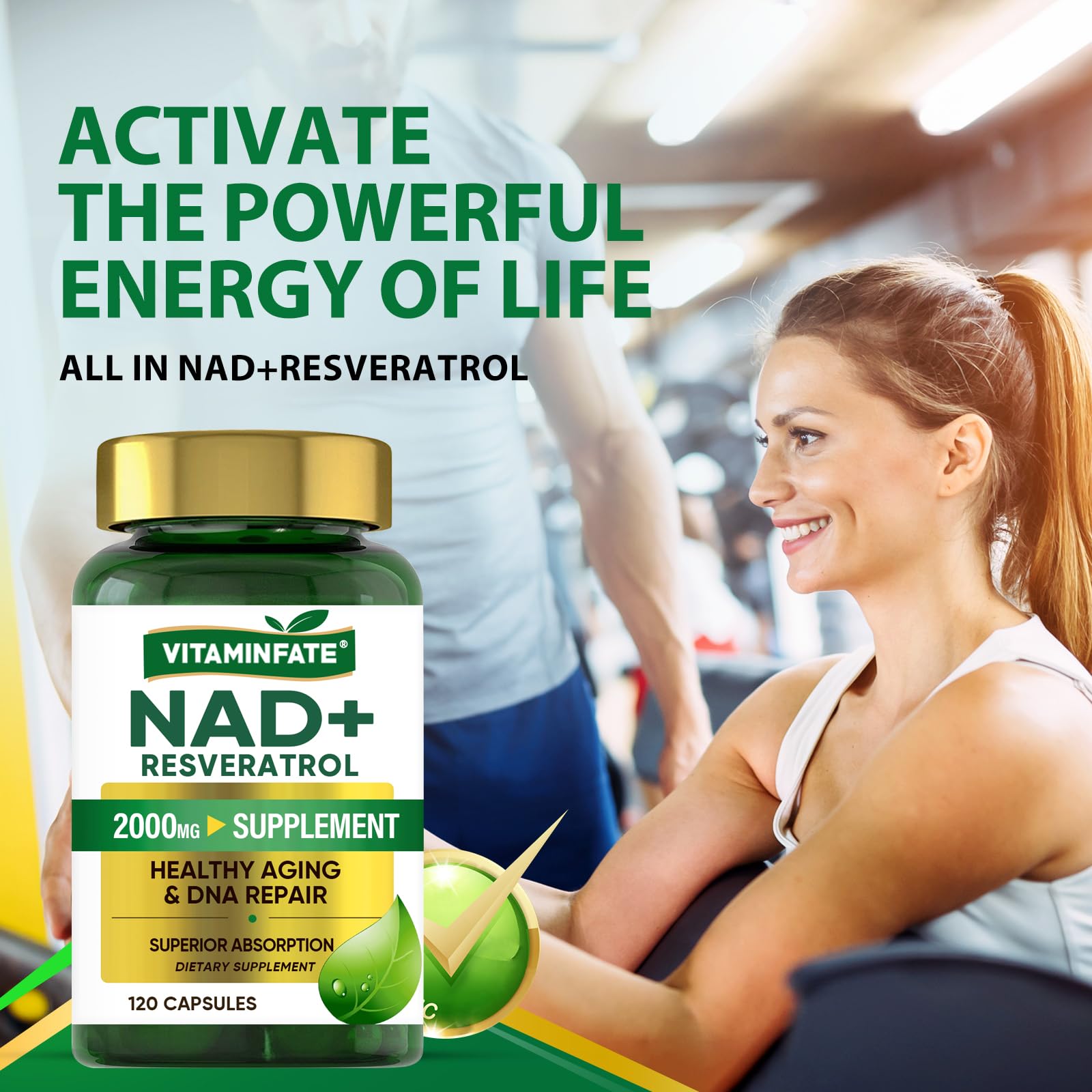 VITAMINFATE NAD+ Supplement 2000 mg - 120 Capsules True NAD+ & Resveratrol, NMN Alternative Supports Anti-Aging, Cellular Energy & Repair, Metabolism & Brain Boost for Men & Women VITAMINFATE Au supplements