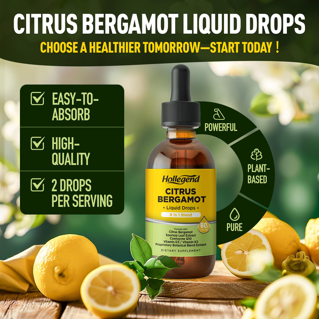 HOLLEGEND Citrus Bergamot Liquid Drops, Organic Citrus Bergamot 1000mg Supplement, Plus Soursop, CoQ10, Vitamin D3, K2,