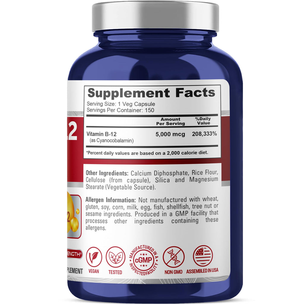 NusaPure Vitamin B12-5000 MCG 150 Veggie Capsules (Non-GMO, Vegan) - Max Strength Vitamin B12 NusaPure Au supplements