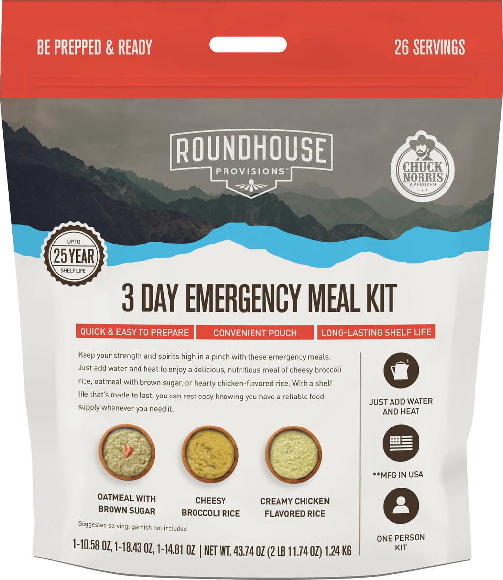 by Chuck Norris Roundhouse Provisions 3 Day, 26 servings Emergency Meal Kit, Grab-and-Go, Premade, Disaster Prep, Hiking, Survival, Adventure, Camping Food, 25 Year Shelf Life. ROUNDHOUSE PROVISION Au supplements