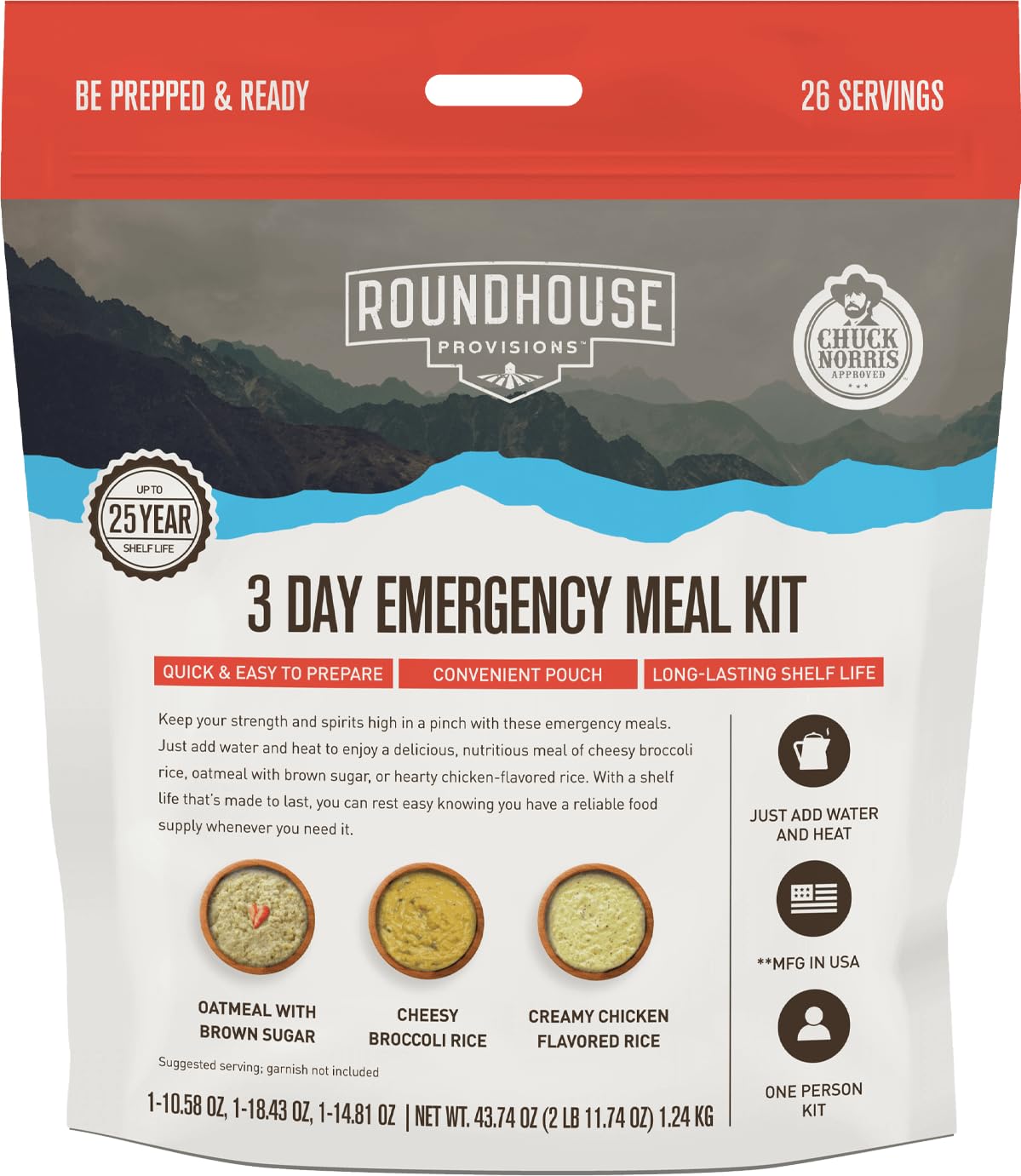 by Chuck Norris Roundhouse Provisions 3 Day, 26 servings Emergency Meal Kit, Grab-and-Go, Premade, Disaster Prep, Hiking, Survival, Adventure, Camping Food, 25 Year Shelf Life. ROUNDHOUSE PROVISION Au supplements