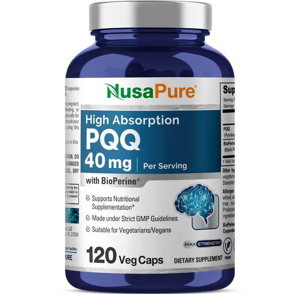 NusaPure PQQ Supplement 40 mg, 120 Veggie Capsules, Non-GMO, Pyrroloquinoline Quinone Disodium Salt, Bioperine & Vegan NusaPure Au supplements
