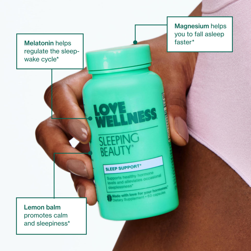 Love Wellness Sleeping Beauty | Sleep Support with Melatonin, Magnesium & L-Theanine | Promotes Restful Sleep, Relaxation & Calmness | Organic Valerian Root Powder & Lemon Balm | 60 Count Love Wellness Au supplements